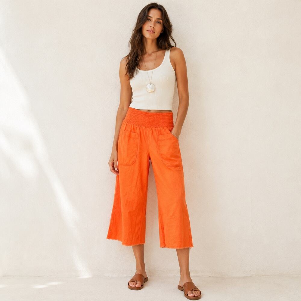 Anthropologie Smocked-Waist Wide-Leg Cropped Pants in Orange